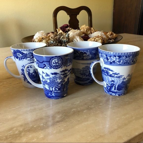 4 LARGE Spode Blue Coffee Tea Cups Gothic Castle - Picture 4 of 6
